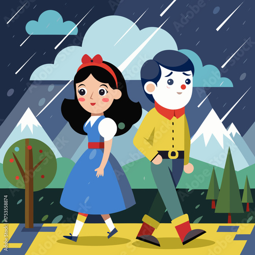 Snow White and a sad clown walking in the rain through a mountainous landscape, evoking a fairytale scene with an unexpected twist and a touch of melancholy, perfect for storybooks