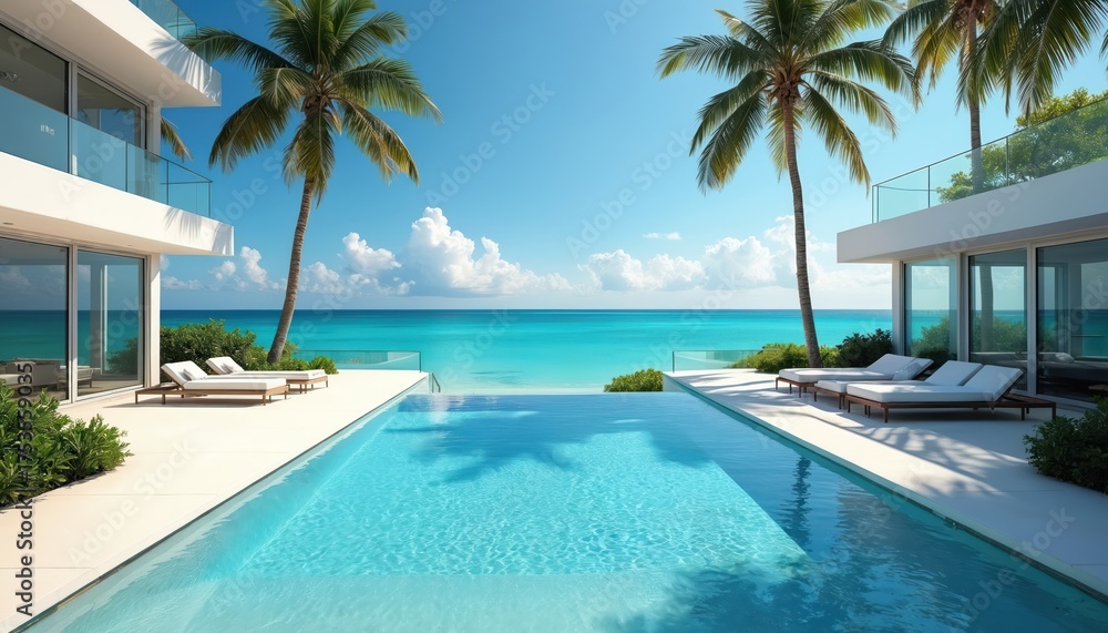 Fototapeta premium Modern oceanfront villa features a pool palm trees and lounge chairs. Clear blue sky and turquoise water of sea visible. Luxurious house with vacation vibes perfect for real estate or travel content.