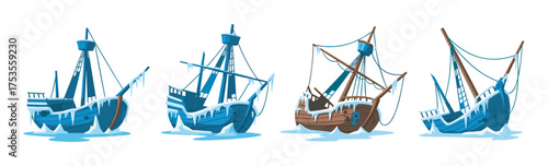 Four shipwrecked sailing ships with icy exteriors and damaged masts, partially submerged in frozen waters.
