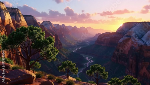 Serene Canyon Valley Overlook at Golden Hour Sunset.