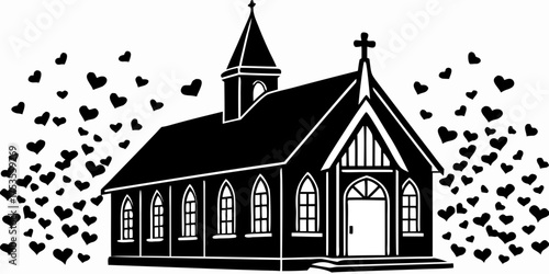 Wedding Church with Hearts Silhouette Vector Icon