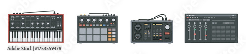 Row of four electronic music devices including a synthesizer, drum machine, audio mixer, and digital controller, each with distinct controls and interfaces.