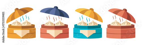 Four sets of steaming dim sum served in colorful bamboo baskets with lifted lids, illustrating a variety of asian cuisine.