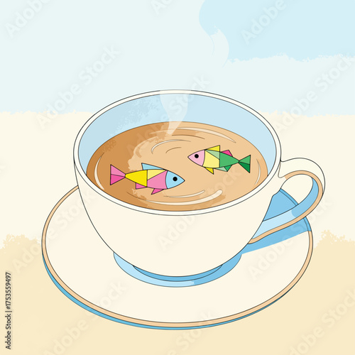 Fish swimming in a coffee cup, minimal surreal flat vector illustration