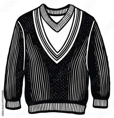 Classic knitted V-neck sweater illustration featuring distinctive striped trim, perfect for elegant sportswear or timeless casual fashion, depicted in a monochrome, hand-drawn vintage graphic style