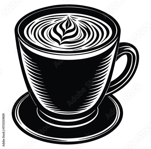 A minimalist black and white illustration of a steaming cup of coffee with intricate latte art on its surface, served on a matching saucer, perfect for beverage and cafe branding
