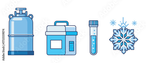Blue outline icons of a cryogenic storage tank, a storage box, a test tube, and a snowflake symbol for cold storage and freezing concepts.