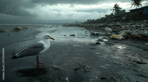Seagull on polluted beach environmental conservation image