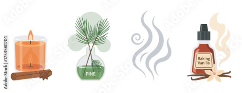 Collection of cozy scent elements including a burning candle with cinnamon, a pine diffuser, abstract smoke, and a bottle of baking vanilla extract.
