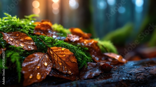 A close-up of wet autumn leaves resting on vibrant green moss, with droplets glistening in soft light. This image captures nature’s beauty and the cycle of seasons perfectly.
