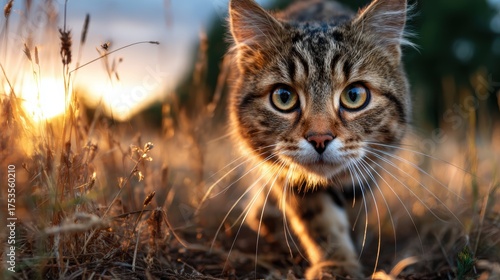 A close-up of a curious cat exploring a field at sunset, capturing the essence of spontaneity and the beauty of nature through the eyes of a feline companion.