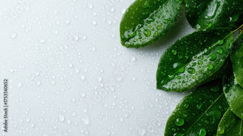 Close-up of fresh green leaves adorned with glistening water droplets, symbolizing purity and renewal that reflects the beauty of nature and its calming, refreshing qualities.