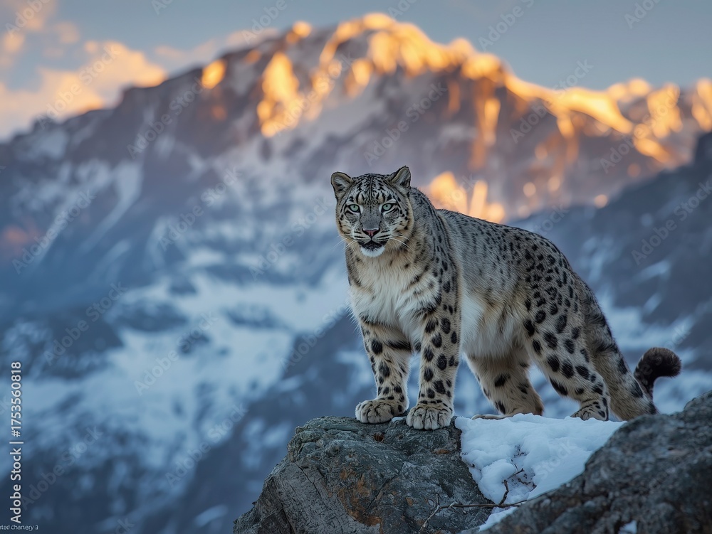 Fototapeta premium Majestic snow leopard surveys its icy mountain kingdom at golden hour, embodying wild beauty and elusive grace in a breathtaking natural habitat.