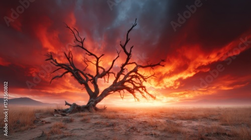 An awe-inspiring image of a lone, barren tree silhouetted against a dramatic sunset, filled with vibrant skies, symbolizing loneliness, beauty, and the passage of time.