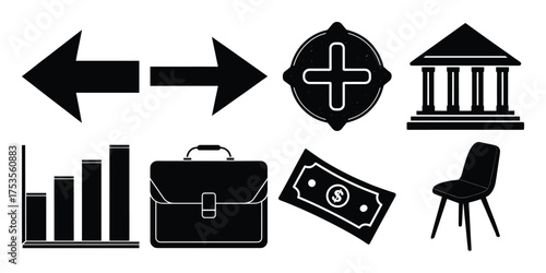 Vector art of collection of business and finance icons including arrows, plus sign, building, graph, briefcase, money, and chair