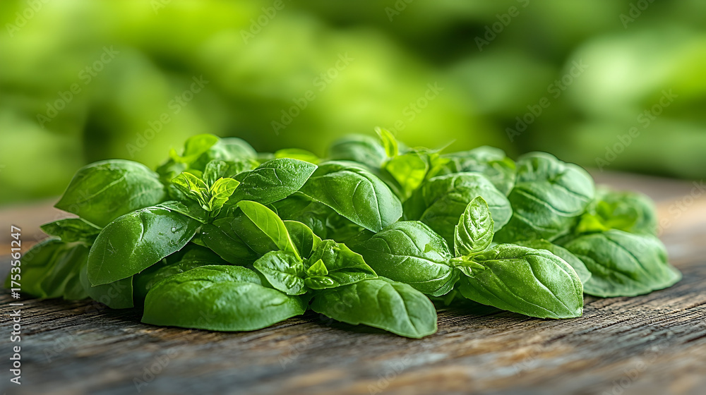 Obraz premium Fresh green basil leaves on rustic wooden table