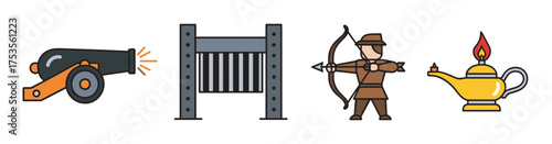 Colorful flat icons depicting a black cannon firing, a gray medieval portcullis, a male archer aiming with a bow, and a magical genie lamp with a red flame.