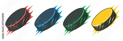 Four colorful hockey pucks with dynamic streaks in red, blue, green, and yellow, illustrating motion and speed.