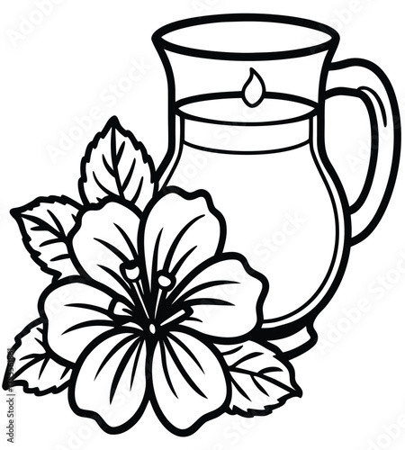 Elegant outline illustration of a fresh hibiscus flower next to a glass pitcher of infused herbal tea, a symbol of natural wellness and refreshment