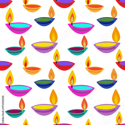 seamless diwali deepavali pattern white background colorful diya oil lamps traditional hindu festival celebration abstract flat vector illustration