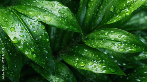 Vibrant green leaves glistening with fresh dew drops, creating a refreshing and serene atmosphere, symbolizing nature's beauty and rejuvenation.