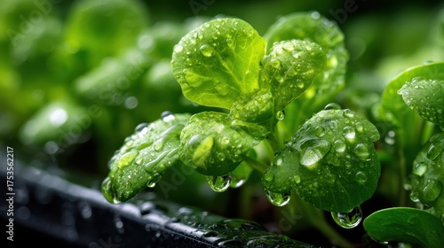 Vibrant green leaves adorned with glistening raindrops create a refreshing visual, highlighting nature's beauty and the intricate details of life in the garden.