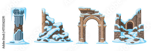 Snow-covered ancient stone ruins featuring columns, archways, and partially collapsed walls, illustrating a wintery historical landscape.