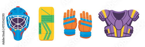 Colorful assortment of ice hockey protective gear set, including a goalie mask, leg pad, gloves, and chest protector, designed for safety and performance.
