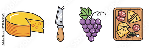Colorful vector icons of a cheese wheel, cheese knife, bunch of purple grapes, and a wooden platter with assorted cheeses and salami slices.