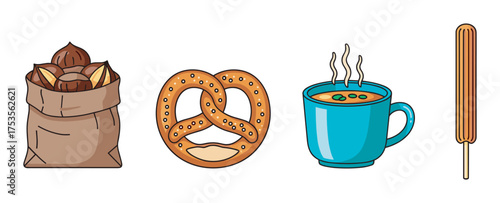 Bag of chestnuts, a pretzel, a steaming cup of soup, and an ice cream bar are neatly arranged in a row.