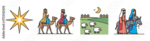 Stylized illustrations depicting the star, three wise men on camels, a pastoral field with sheep and crescent moon, and mary with joseph leading a donkey carrying baby jesus.