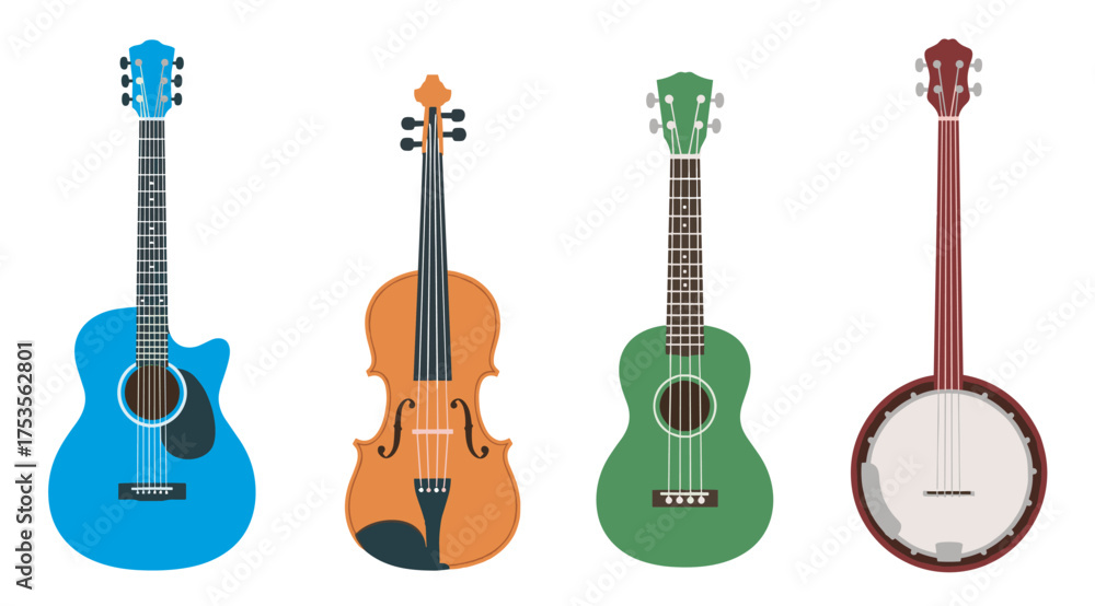 Obraz premium Colorful representation of four musical instruments including a blue acoustic guitar, an orange violin, a green ukulele, and a red banjo in a row.