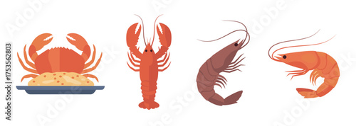 Illustration featuring a crab on a plate with rice, a vibrant lobster, a curved shrimp, and a curled prawn, each depicted in simple, flat color design.