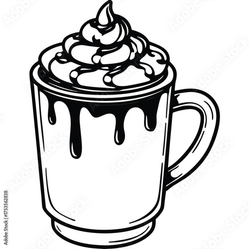 A delectable black and white line art illustration of a cozy mug filled with rich, thick hot chocolate, generously topped with fluffy whipped cream and a decadent drizzle of melted chocolate syrup