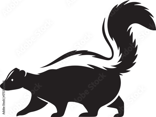 Silhouette of a skunk with a bushy striped tail walking in profile