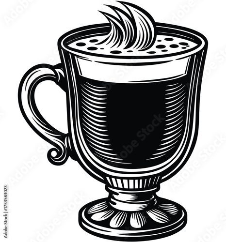 A steaming Irish coffee in a stemmed glass, with frothy cream on top and a hint of steam rising, a classic hot beverage