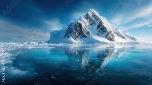 A breathtaking view of a snow-capped mountain rising majestically from serene waters, creating a stunning reflection that evokes a sense of peace and tranquility to nature lovers.