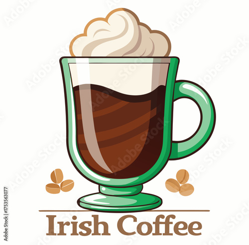 Delicious Irish coffee illustration, a delightful blend of hot coffee, Irish whiskey, sugar, and a generous swirl of fresh cream, served in a unique glass, perfect for a cozy moment