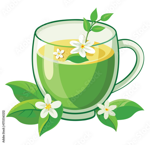 Refreshing green tea infused with delicate jasmine flowers, creating a serene and aromatic beverage perfect for a moment of relaxation and enjoyment, served in a clear glass cup adorned with leaves