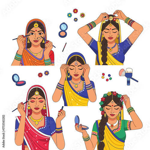 Celebrate vibrant traditions with beautiful Indian women applying makeup and adorning themselves with flowers and jewelry for a festive occasion