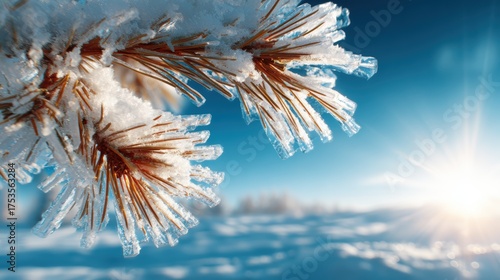 A close-up of frosted pine branches sparkling under a clear blue sky, capturing the tranquility and beauty of a winter landscape in the golden morning sunlight.