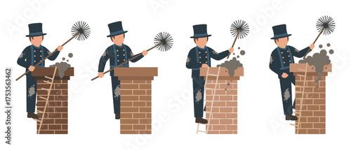 Four cartoon chimney sweeps in uniform, each using a brush to clean various brick chimneys.
