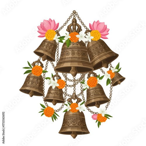 Elegant bronze bells adorned with vibrant flowers create a serene ambiance, perfect for cultural celebrations and peaceful mindfulness practices