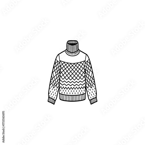 Hand-drawn outline illustration of a classic turtleneck sweater adorned with intricate geometric knitted patterns, evoking comfort and traditional winter fashion