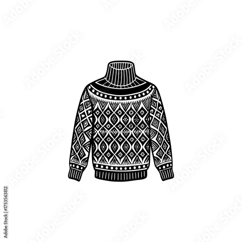 Warm Cozy Sweater Illustration A Detailed Black and White Drawing of a Turtleneck Knitwear
