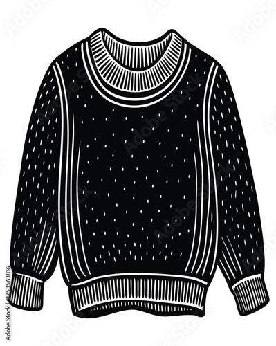 Black and white woodcut style illustration of a cozy ribbed crew neck sweater, perfect for winter fashion and cold weather apparel, rendered with a vintage linocut aesthetic