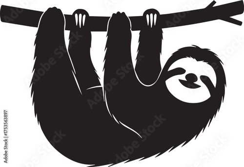 Adorable silhouette of a sloth hanging upside down on a tree branch