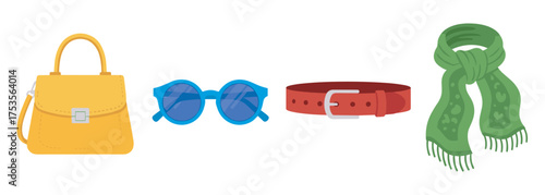 Yellow handbag, blue sunglasses, red belt with buckle, and green scarf with fringes displayed in a horizontal arrangement.