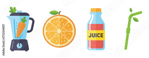 Flat design illustration of a blender with a carrot, half orange with a leaf, a juice bottle, and a stalk of bamboo with leaves.