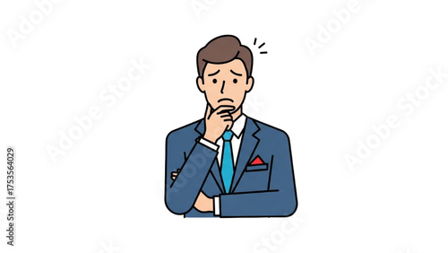 Thoughtful businessman in suit pondering with hand on chin, isolated on white